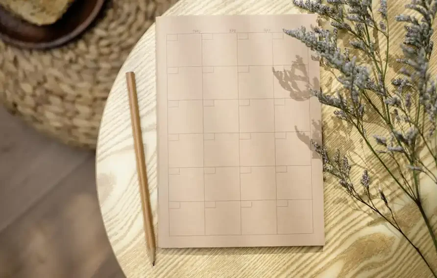 Kalendar bulanan kosong dan pensel di atas meja kayu